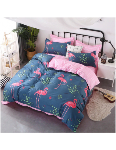 Parure Housse de Couette Flamant Rose en linge