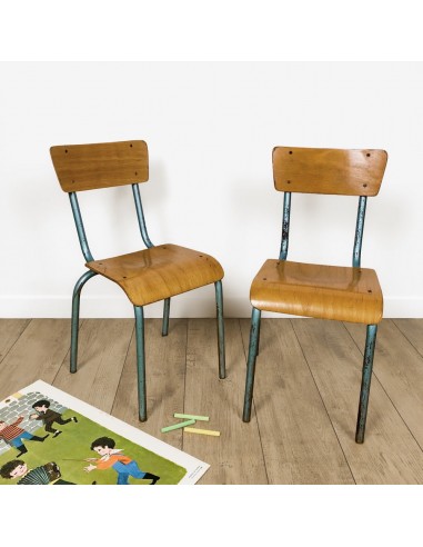 Duo de chaises de maternelle vintages en bois et métal tubulaire de la marque